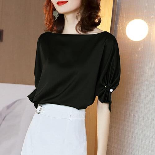 Womens Spring Summer Style Blouse Shirt Womens Solid Color Slash Neck Short Sleeve Korean Elegant Tops ZZ1230