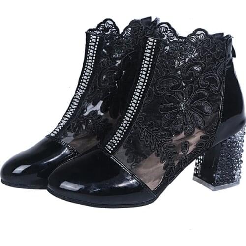 Womens Spring Shoes Ladies Lace Genuine Leather Fashion Boots Female High Heels Round Toe Mid Calf Women Boots Shoes Plus Size