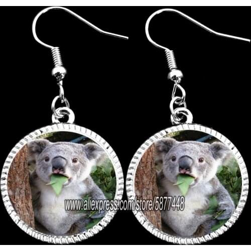 Photo of Cute Koala Eating Leaves Women Dangle Earrings 15mm Glass Cabochon Lovely Bear Glass Cabochon Girl Drop Earrings