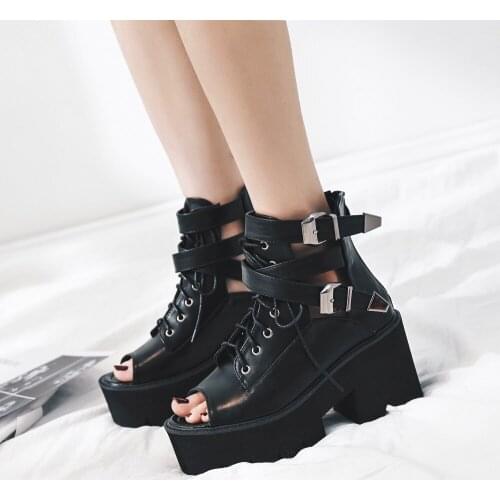 Fish mouth waterproof platform cool boots womens boots muffin bottom lace buckle zipper comfortable wedge