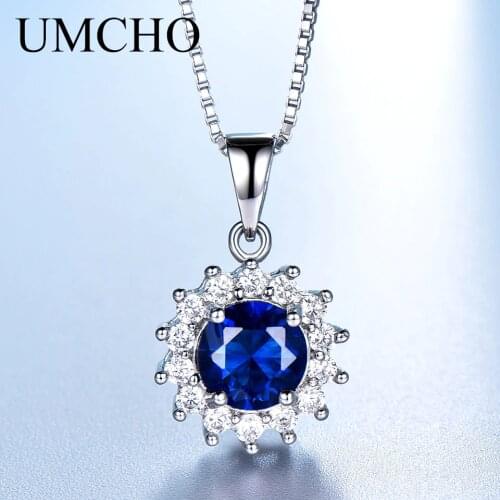 UMCHO Created Blue Sapphire Gemstone Solid Genuine 925 Sterling Silver Solitaire Pendant For Women Wedding Party Gift With Chain