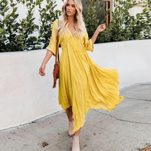 TEELYNN sexy deep v neck midi dresses women 2020 cotton yellow floral embroidery summer dress boho casual Irregular vestido robe