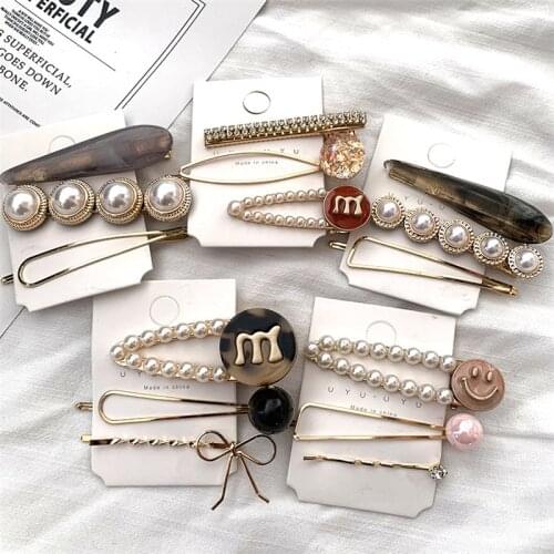 3pcs/set New Women Elegant Hair Accessories Acetate Pearl Letter Hairpins Girls Sweet Crystal Barrettes Headband Hair Clips Set