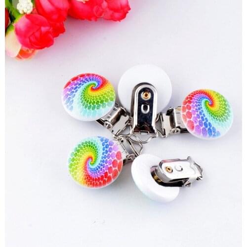 5PCs Baby Pacifier Clips Mixed Multicolor Pattern White Wood Metal Holders Cute Infant Soother Clasps Accessories 4.4x2.9cm