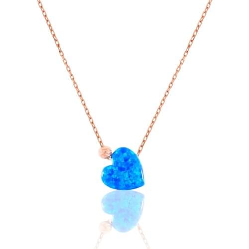 Shiny Rose Gold Plated Womens 925 Sterling Silver Opal Heart Jewelry Necklace
