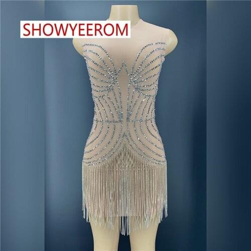 Sparkly Silver Rhinestone Mirror Elastic fabric short Dress Women Birthday Stage play Celebrate Dress Dancer Party Show Dress