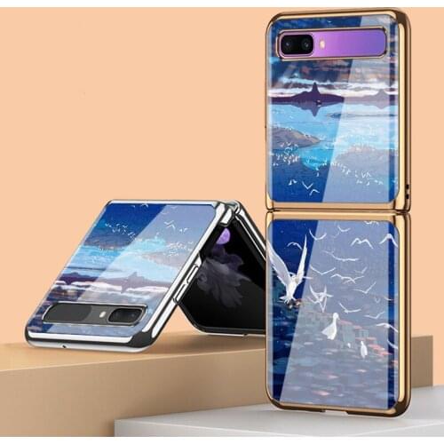 Z Flip Funda Case for Samsung Galaxy Z Flip F7000 Z Fold 2 W21 5G Coast Flying Pigeon Plating Tempered Glass Phone Case Cover