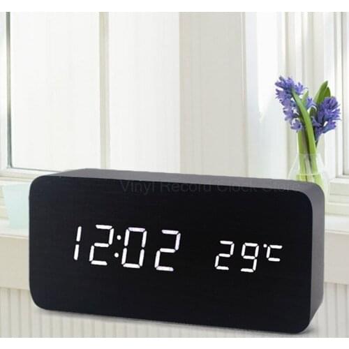Wooden Alarm Clock LED Voice Control Digital Alarm Clocks Wood Electronic Desktop Table Clock for Bedroom Watch with Temperature