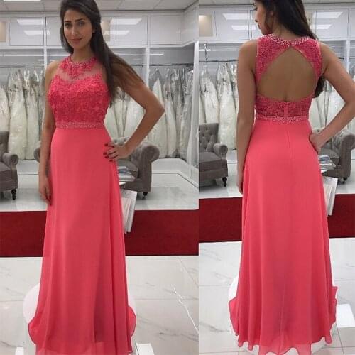 Hot Pink Lace Evening Dresses Long Crew Neck Appliques Lace Sexy Backless Formal Evening Gowns Cheap Party Dress Custom Made