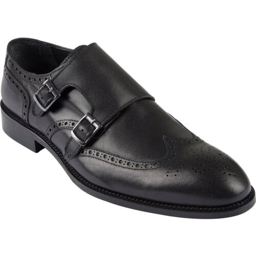 Jack Martin - Black Handmade Leather Double Monk Strap Brogue Shoes (Model Name: BLAKE)