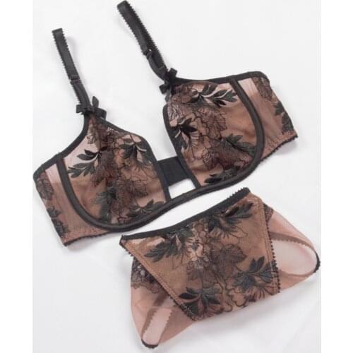 Honviey Transparent Bra Ultra Thin Sheer Mesh Embroidered Sexy Bra Set Summer Gather Underwear Comfortable Bra Panties Sets