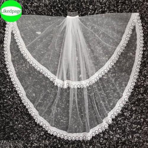 Short Wedding Bride Veil 2021 Two Layer Voile Mariage Welon Slubny Lace Edge Velo De Novia Sposa Weeding Accessoire Metal Comb