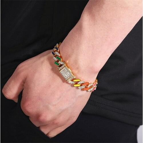 Colorful Jewelry Neon Rainbow Enamel Ice Out Bling Cz 12mm Miami Hip Hop Cuban Link Chain Women Bracelet Summer Hot Selling