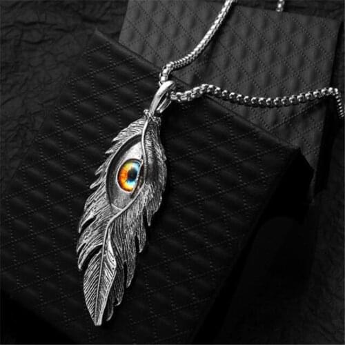 Hip Hop Trend Street Metal Stainless Steel Mens Necklace Silver Color Feather Demon Eye Necklace Accessories Punk Male Jewelry