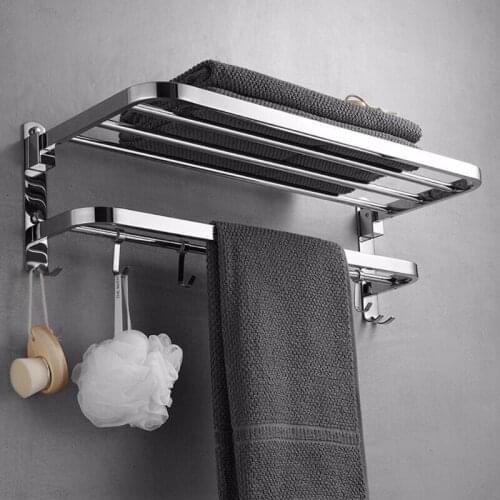 Stainless Steel Wall Mounted Foldable Bath Towel Rack Rail Holder Storage Shelf with 4 Sliding Hooks Punch-Free Bathroom 2-Tier
