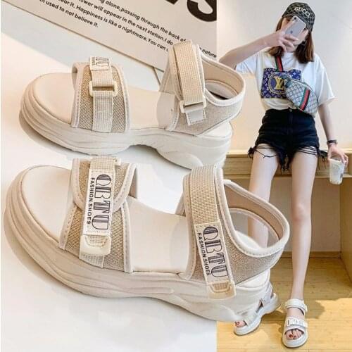2021 New Womens PU Leather Sandals Summer Flat-soled Students Non-slip All-match Womens Shoes Thick-soled Casual Beach Shoes