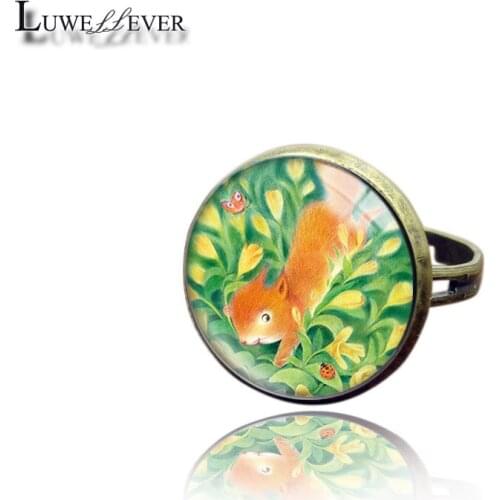 New 3502 Cute Animal Fashion Adjustable Bronze Ring 30mm Round Glass Rings Charm Jewelry For Unisex Teenagers Gift
