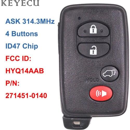 Keyecu Smart Remote Key Fob 4 Buttons for Toyota Highlander 2008 2009 2010 2011 2012 2013 FCC ID: HYQ14AAB, P/N: 271451-0140