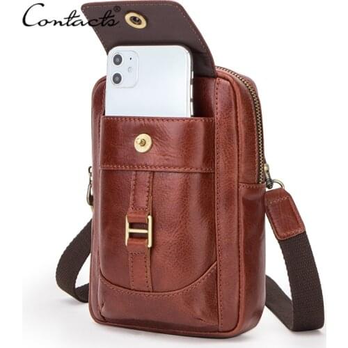 CONTACTS Multi-Function Small Shoulder Bag Men Genuine Leather Male Waist Pack Luxury Brand Crossbody Phone Bags for iPhone SE