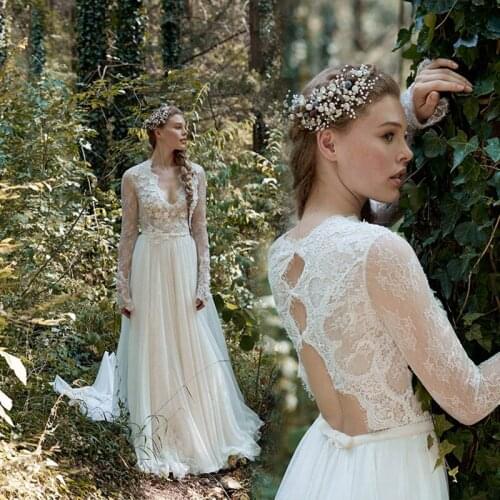 Bohemian Boho Wedding Dress 2021Long Sleeves A Line Tulle Floor Length Lace Bridal Gowns 2021 Custom Made Vestido De Noiva