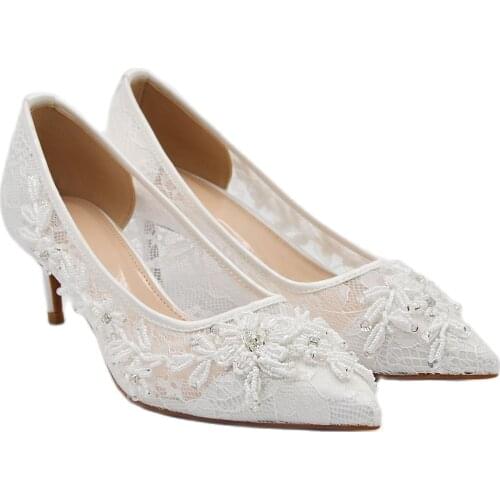 TOPQUEEN-A04 Bridal shoes in womens pumps White Lace Bead Flower Elegant High Heels women heels ladies wedding