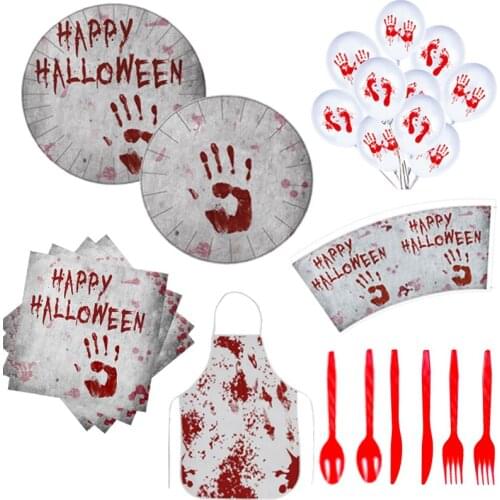 Bloody Handprint Theme Halloween Party Supplies Paper Cup Plate Napkin Banner Tablecloth Creepy Party Decoration Tableware