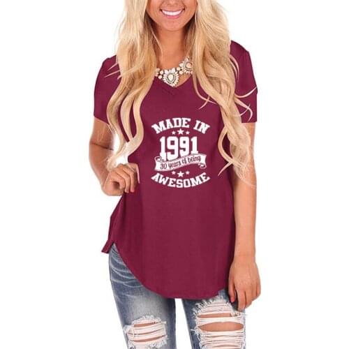 Made in 1991 30 Years of Being Awesome Letter Tshirt Female Harajuku V Neck Vintage T-Shirt Women 30th Birthday Gift Casual Tops