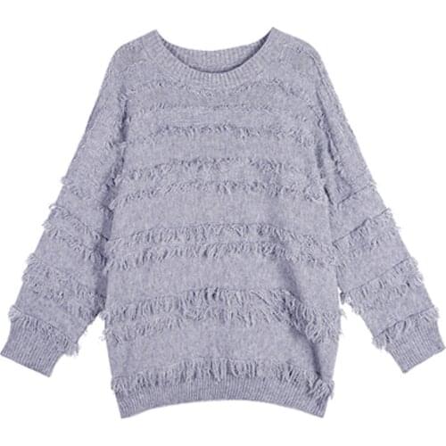 PERHAPS U Women Knitted Pullovers White Blue Pink O Neck Sweater Loose Tassel Autumn Winter M0058