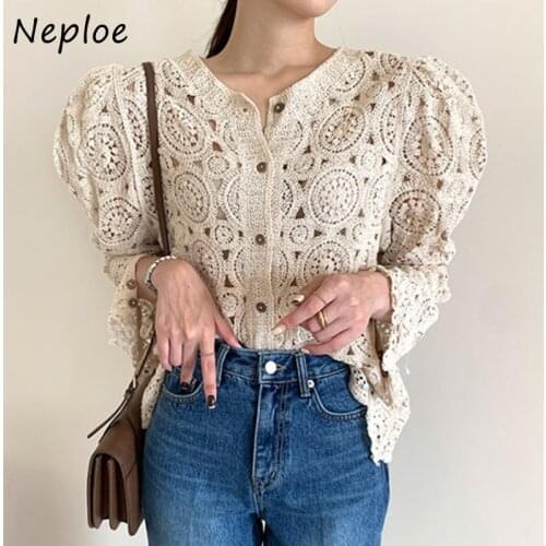 Neploe Hollow Out Hook Flower Knitted Cardigan Elegant V-neck Casual Womens Sweater Chic Button Split Puff Sleeve Femme Jacket