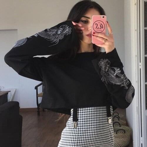 Cool Punk Black Woman Short Sweatshirt Print Style New Gothic Rock Top Chinese Long Sleeve Buckle Spring 2020 Summer Lady Full