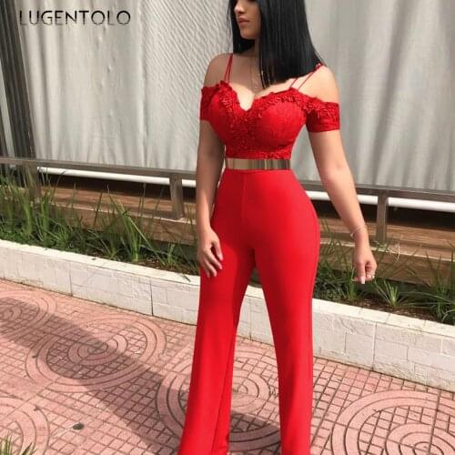 Slim Jumpsuit Women Shor Sleeve Casual Spaghetti Strap Fashion Sexy Lace Nightclub Womens Applique Jumpsuits Lugentolo