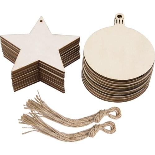 10pcs/lot 2.5mm thick DIY wooden star circle discs with rope for christmas tree decoration hanging ornaments blank wood pendants