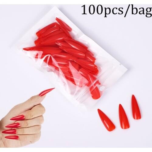 24/100Pcs Red ABS False Nails Almond Pointed Dark Sexy False Nails Medium Long Size Stiletto Tips Mixed color Press On Fake Nail