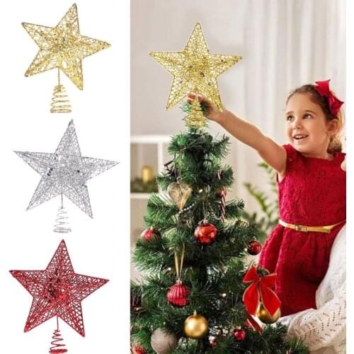 Glitter Gold Christmas Tree Top Iron Star Christmas tree Ornaments Balls Xmas decorations for home Navidad New Year 2021 Natal
