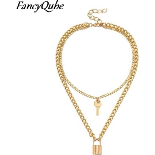 Color Do Not Fade ) Stainless Steel Chains Punk Padlock Necklaces For Women Rock Hiphop Key Lock Necklace Men Chic Gifts