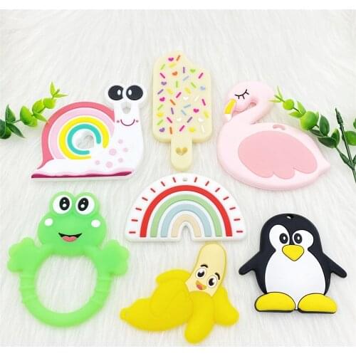 Lcmombay 5pcs Baby Silicone Teether kid infant Teething Toy snail flamingo frog banana penguin rainbow DIY chew pendant