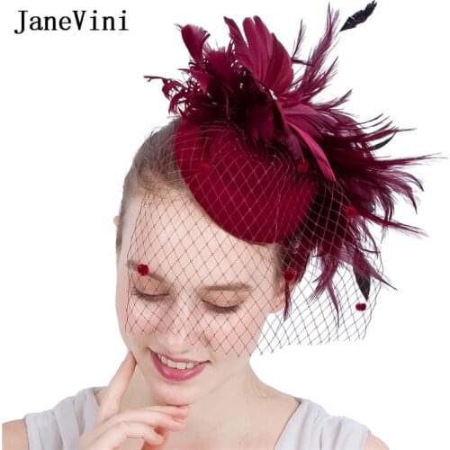 JaneVini Elegant Wedding Burgundy Flower Hat Feather Fascinators Face Veils Bridal Fashion Dinner Party Accessories Bonnet Voile