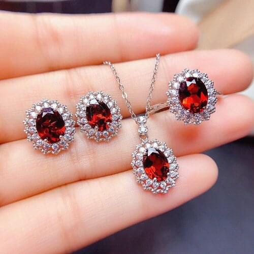 Princess Red Crystal Ruby Gemstones Rings Stud Earrings Pendant Necklaces Jewelry Sets for Women Party Accessories Bijoux Gifts
