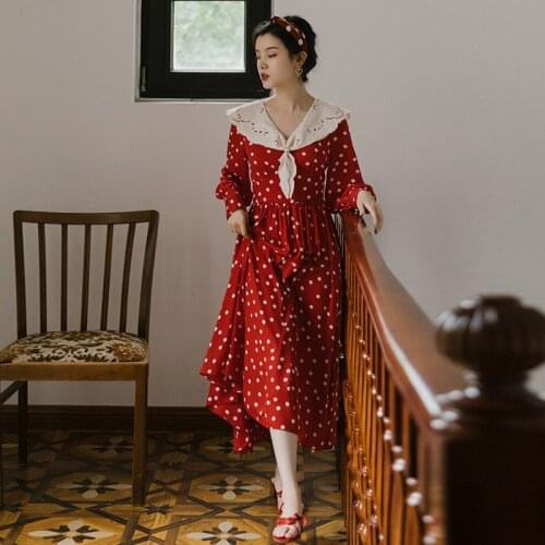 Sweet Polka Red Dot Women Dress Cute Embroidery Long Sleeve Mori Girl Princess Wear For Slim Lady Korean Style Vestidos Fldas