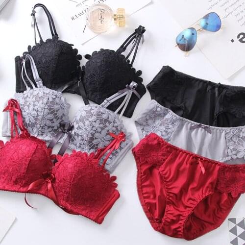 Fashion Womens Solid Color Bra Set Sexy Hollow Lace Flower Decor Top and Bow High Waist Panties