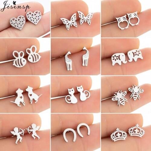 Mutiple Tiny Stainless Steel Animal Earrings for Women Children Jewelry Cute Cat Dog Bee Heart Earings Korean Cupid Studs Gift