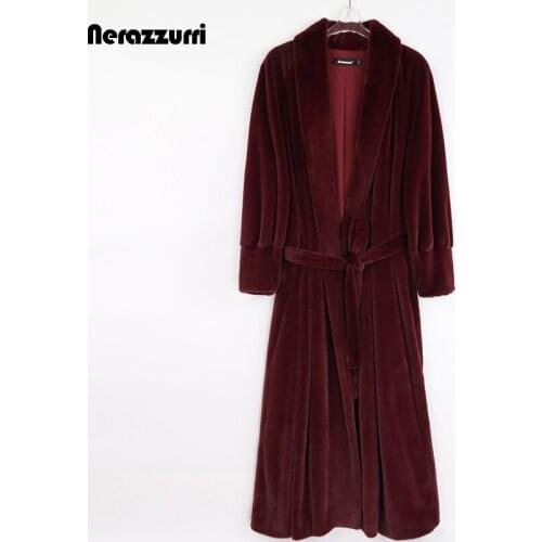 Nerazzurri Winter Maxi Warm Soft Skirted Fluffy Faux Fur Coat Women Shawl Collar Sashes Long Elegant Luxury Retro Fashion 2021