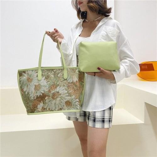 2021 New Simple Flower Tote Women 's Ethnic Style Handbags Fashion Big Capacity Shoulder Canvas Bag Commuter Lady Shopping Bags