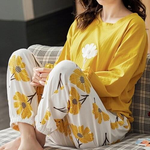 2021 Spring Sleep Lounge Pajamas Set Long Sleeve Top + Long Pant Pajama Set Cartoon Pyjamas Cotton Sleepwear Women Plus Size