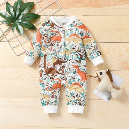 Autumn Winter Unisex Baby Warm Jumpsuit Newborn Boys Girls Long Sleeve Cute Cartoon Dinosaur Print Romper Bodysuits