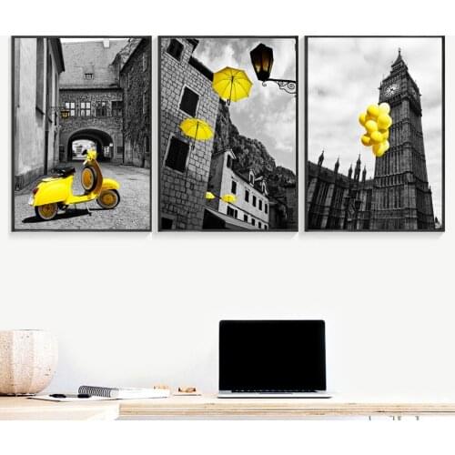 Yellow Motorcycle Balloon Umbrella Canvas Art Painting Black White Posters And Prints Wall Picture For Living Room