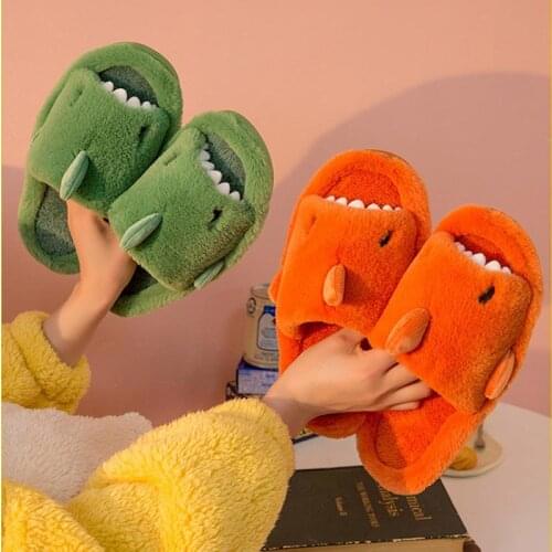 Cartoon Slippers Men Winter Warm Plush Home Cotton Shoes Open Toe Cute Shark Shape Furry Slides Female Indoor Floor Fur Slipper