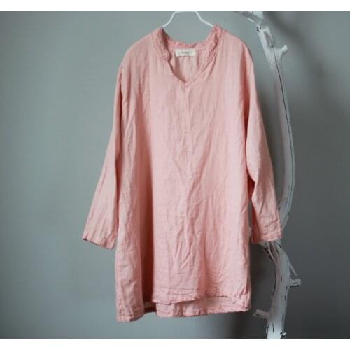 Women double-layer Cotton Yarn Shirt Ladies Solid Color Nine Quarter Sleeve Blouse Autumn Shirts
