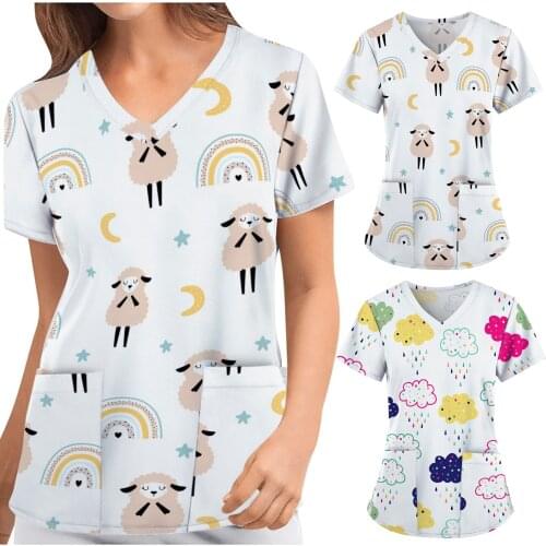 Women Short Sleeve V-neck Tops Working Uniform Rainbow Cartoon Print Blouse Nurse Scrubs Uniforms Shirt медицинская одежда 2021
