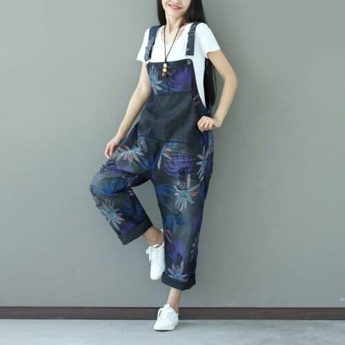 Plus Size Bib Overalls Women Big pocket Wide Leg jean Jumpsuit Fashion Casual Harem Suspender Pants Floral Print Denim Rompers
